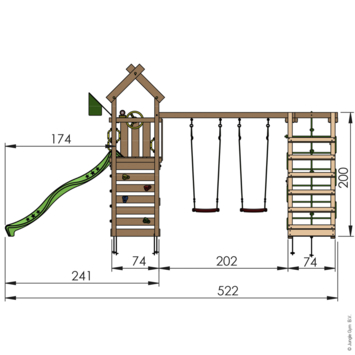 Speeltoestel Jungle Gym Nomad met groene glijbaan en klimrek van grenenhout