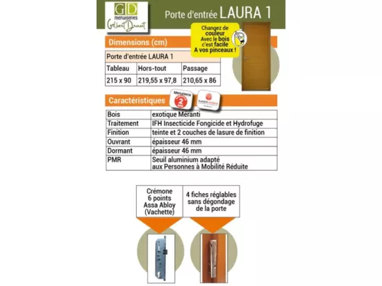 Porte D'Entrée Bois Pleine, Laura, H,215Xl,90 P,Gauche Côtes Tableau