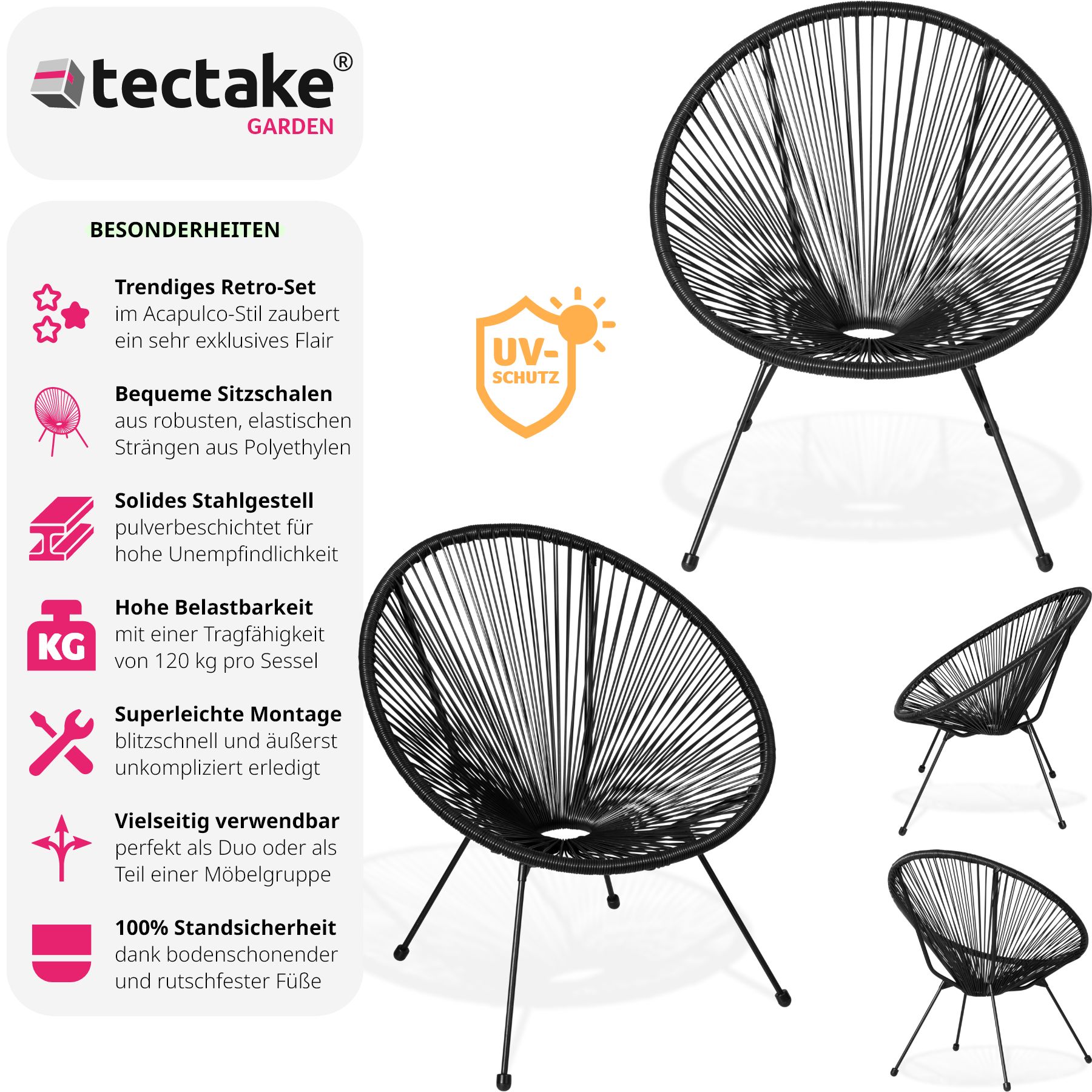 tectake® 2er Set Gartenstuhl, Retro-Design im Acapulco-Stil, filigranes Gestell, Belastbarkeit 120 kg, 70,5 x 69 x 78 cm