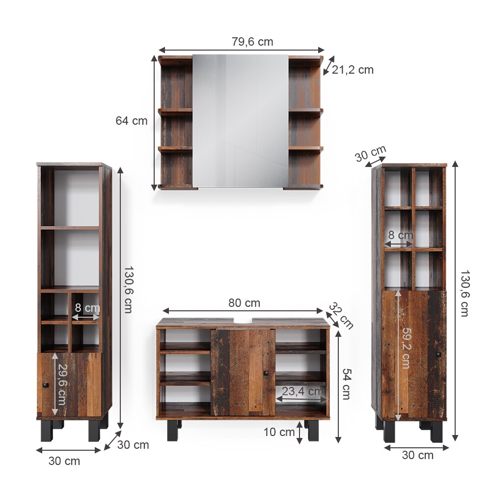 Vicco Badmöbelset Waschtischunter 80 cm Spiegelschrank Midischrank mit Tür Fynn