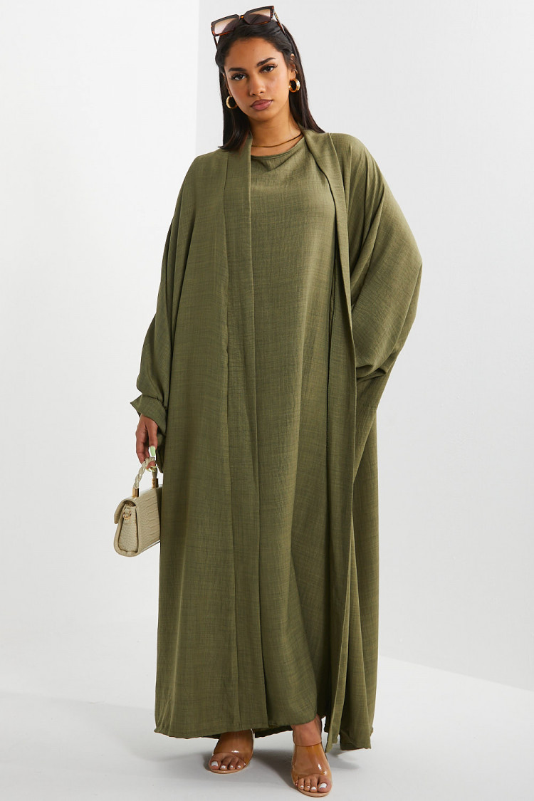 Ensemble effet lin 2 pièces kimono + robe kaki