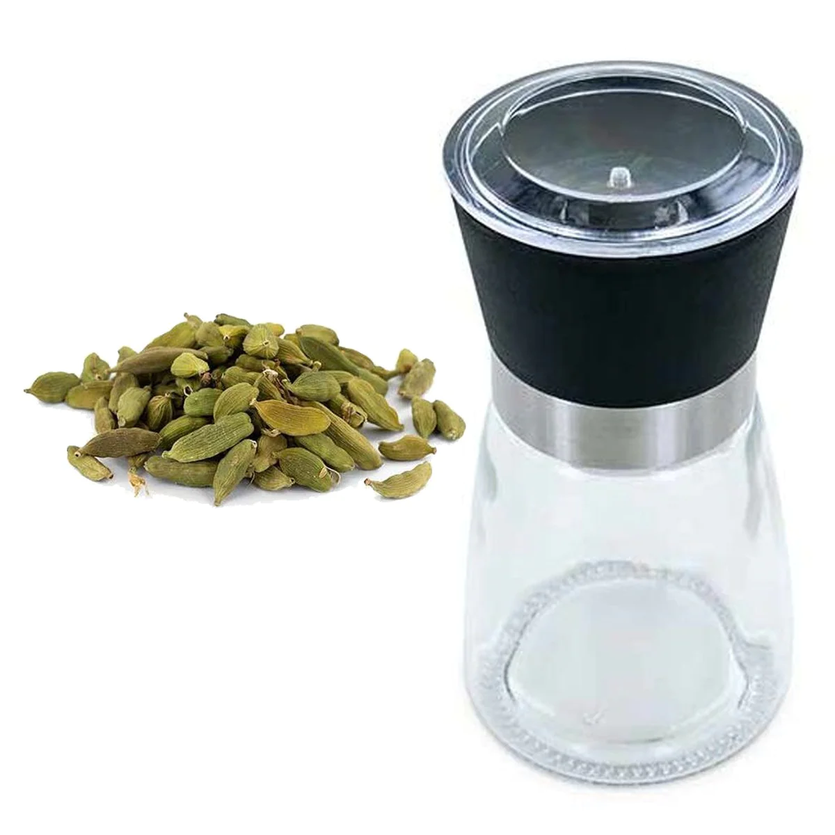 Moulin à épices en verre et céramique + cardamome verte bio Aromandise