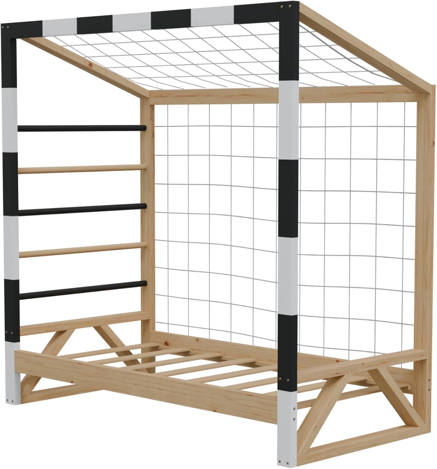 HAGO24 | Kinderbett Fußballtor | Kiefernholz | 70x140cm | Tornetz | Kletterstangen | Lattenrost | Holzrahmen | Kickerbett | Schwarz Weiß | Belastbar 80kg