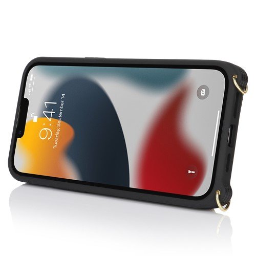 iPhone 13 Pro Necklace Leder Hülle mit Münzfach und Kartenfächer   Finger Griff Halterung   Handykette - Schwarz