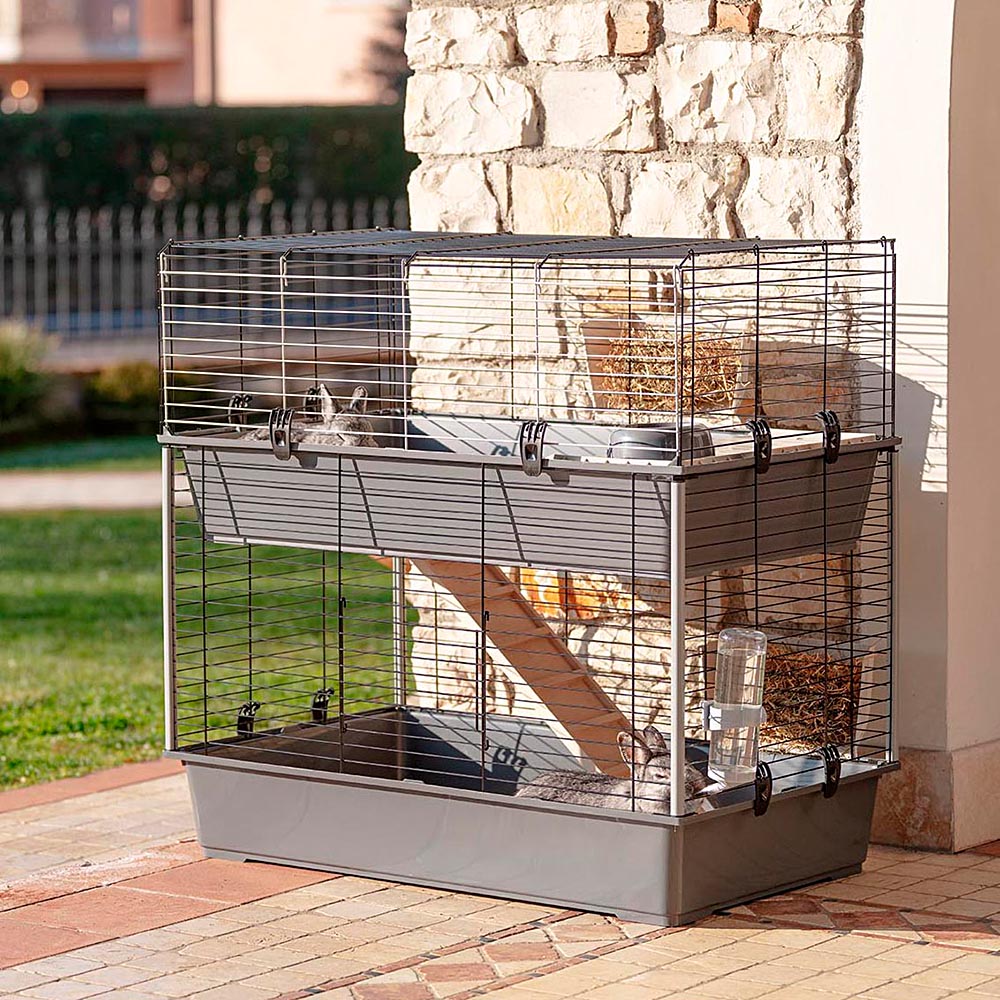 Ferplast cage à 2 étages pour lapins rabbit 100 double, maisonnette pour petits animaux, clapier avec accessoires inclus, en métal