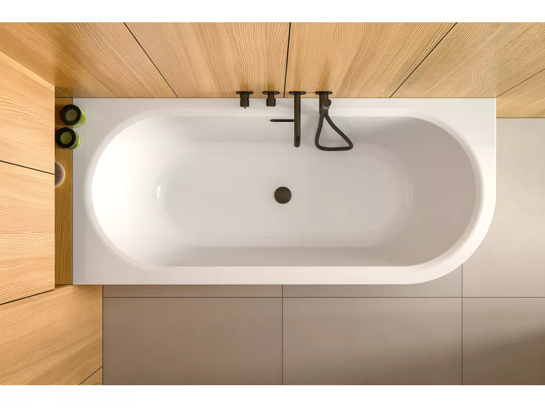 Baignoire d'angle Blanc + Siphon noir et Vidage inclus + Repose tête - AVITA S CLASSE - GAUCHE - 170 x 75 cm