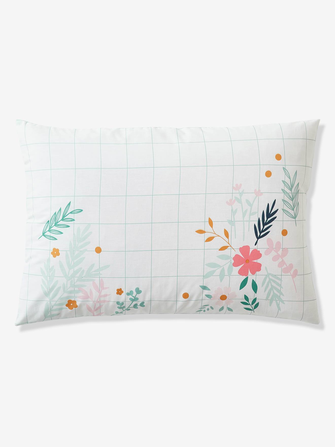 Conjunto de capa de edredom e fronha infantil em algodão orgânico, com estampa floral lisa em branco claro.