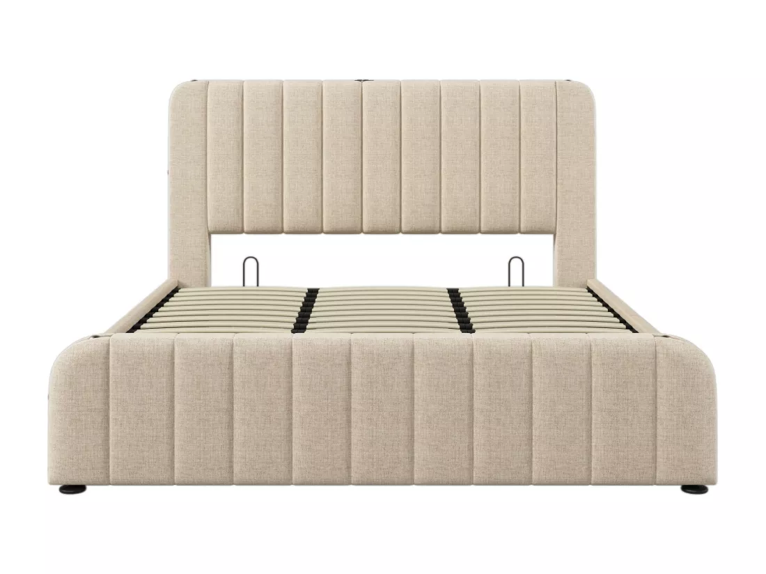 Lit adulte, lit rembourré 180*200 cm, avec garniture dorée et recharge USB Type-C, tissu en lin beige.