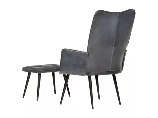 Chaise à oreilles avec repose-pied Gris Cuir véritable