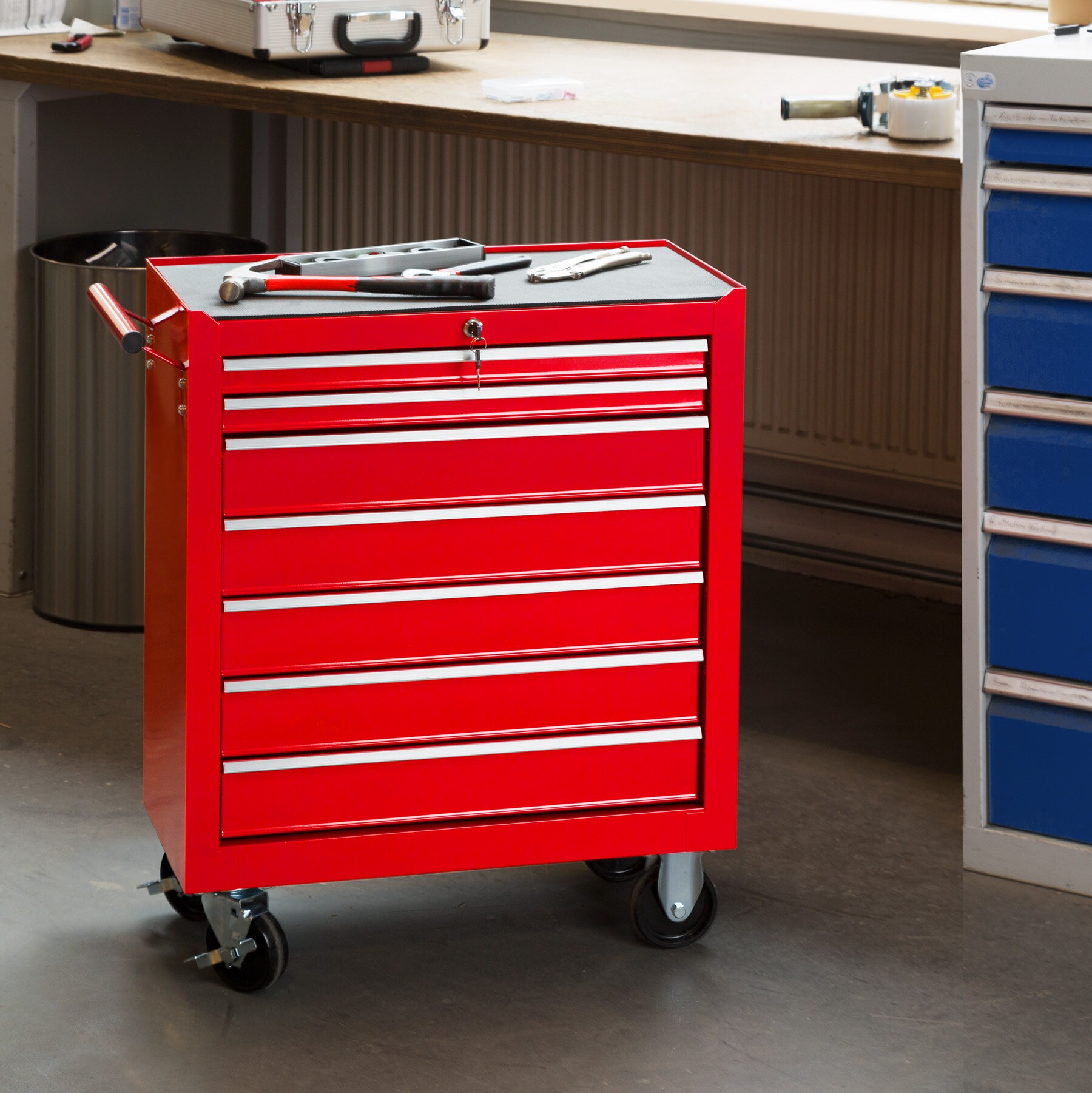 tectake® Werkzeugwagen, 7 kugelgelagerte Schubladen mit Antirutschmatten, zentrale Sicherheitsverriegelung, Rollen Ø 100 mm