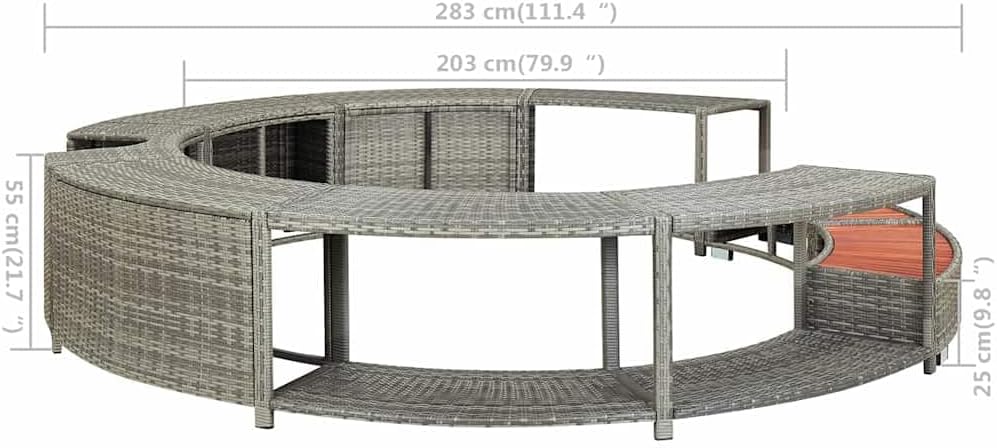vidaXL Whirlpool Umrandung mit Stauraum Rund Poolumrandung Poolverkleidung für Spa Grau Poly Rattan Stahlrahmen Eukalyptus-Hartholz