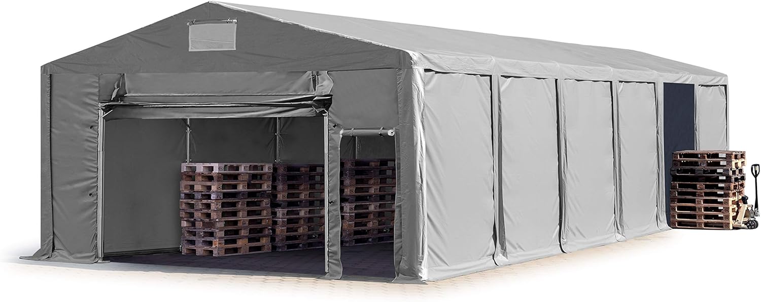 TOOLPORT Lagerzelt Industriezelt 8x12 m Zelthalle mit 3m Seitenhöhe PVC Plane 850 N grau wasserdicht Ganzjahreszelt mit Hochziehtor