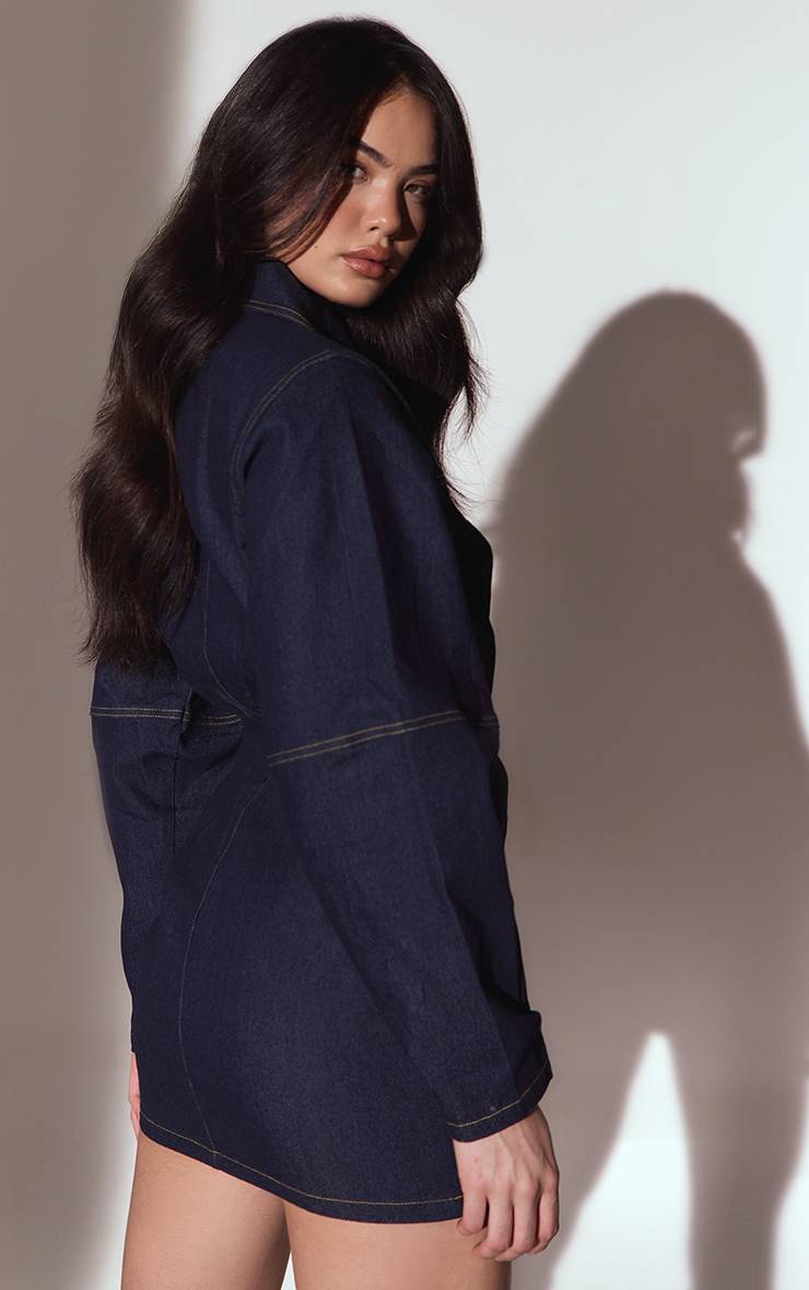 Bleu Indigo Robe Moulante En Sergé Avec Coutures Contrastées