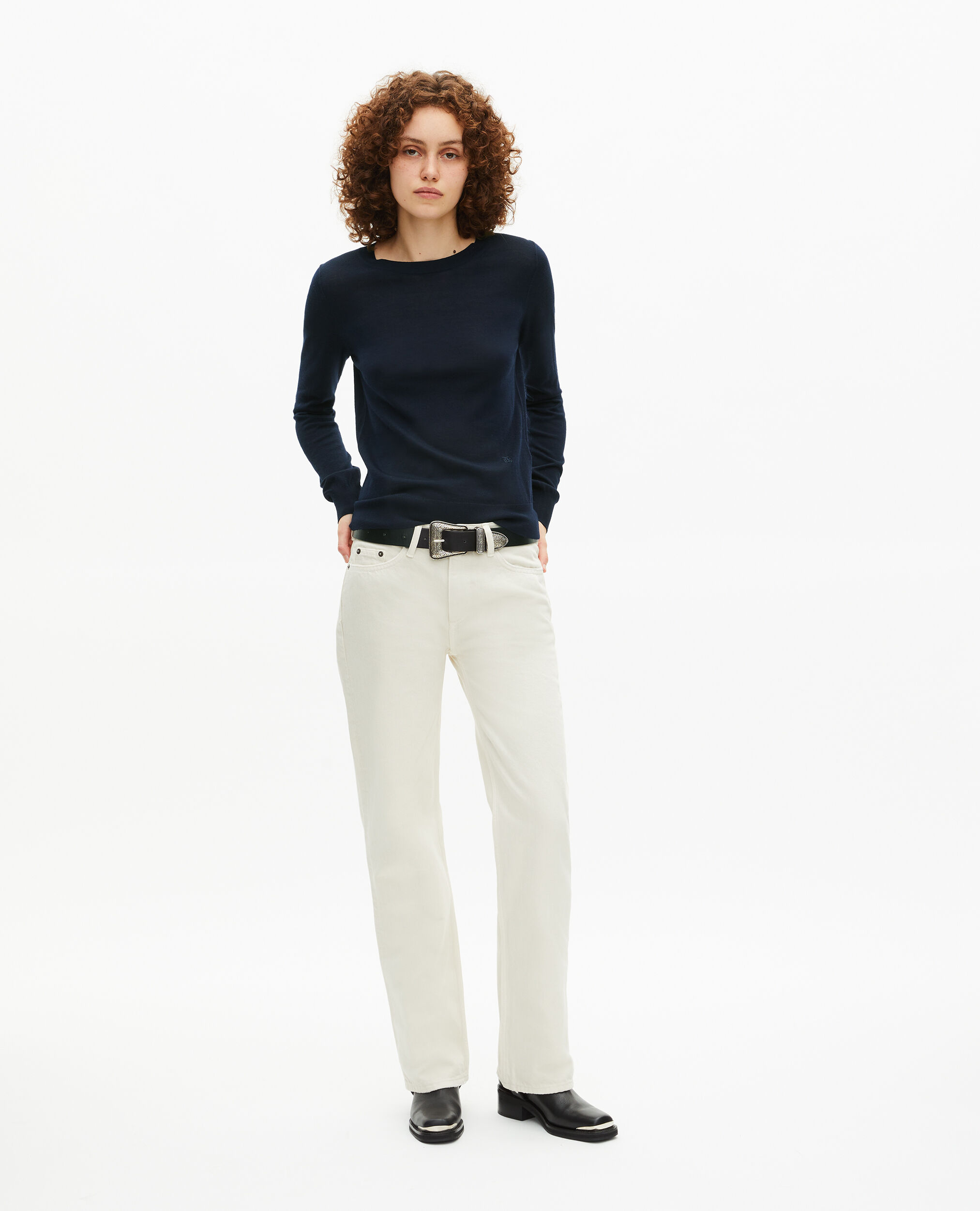 Pull col rond en laine mérinos marine