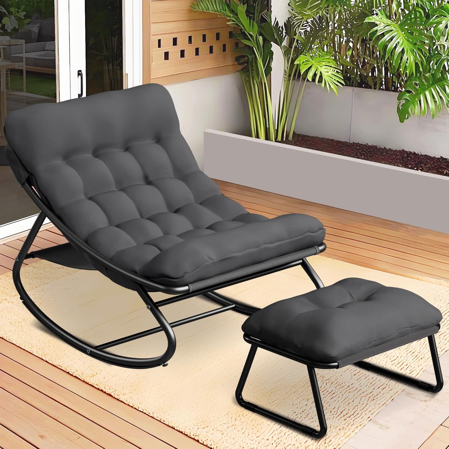 Schaukelstuhl für drinnen & draußen mit Kissen, XXL Schaukelsessel mit Hocker, Outdoor Lounge Sessel, Relaxsessel Relaxstuhl bis 150 kg Belastbar für Garten Balkon Wohnzimmer (Grau)