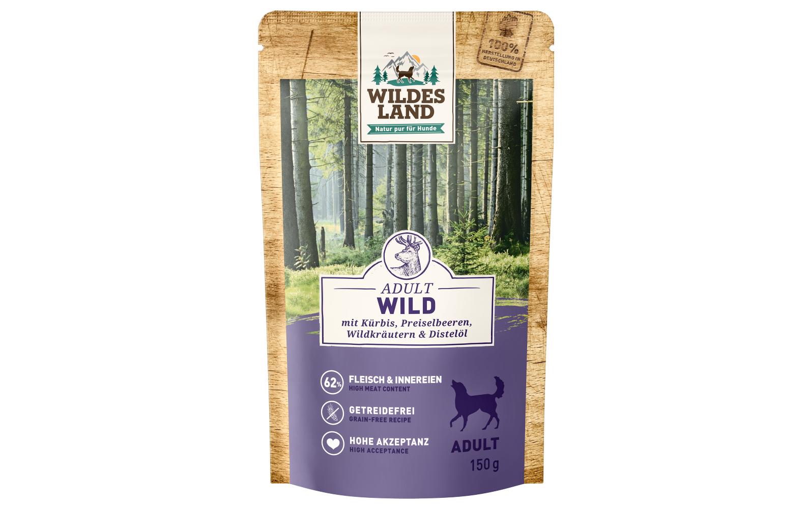 Nassfutter Wild mit Kürbis & Preiselbeeren 150 gAlleinfutter aus Wild mit Kürbis, Preiselbeeren, Wildkräutern & Distelöl
