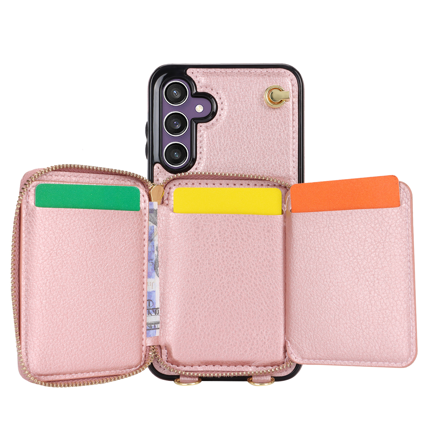 Samsung Galaxy S25 FE Necklace Leder Schutz Hülle mit Kartenfächer   Handykette (140cm) - Roségold