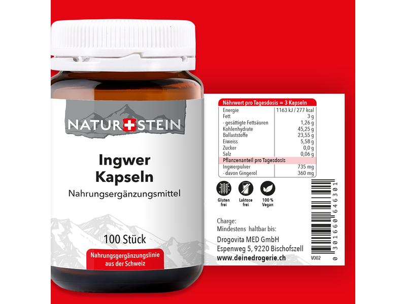 Naturstein Ingwer 100 Kapseln Veganes Nahrungsergänzungsmittel aus Ingwerwurzel-Pulver