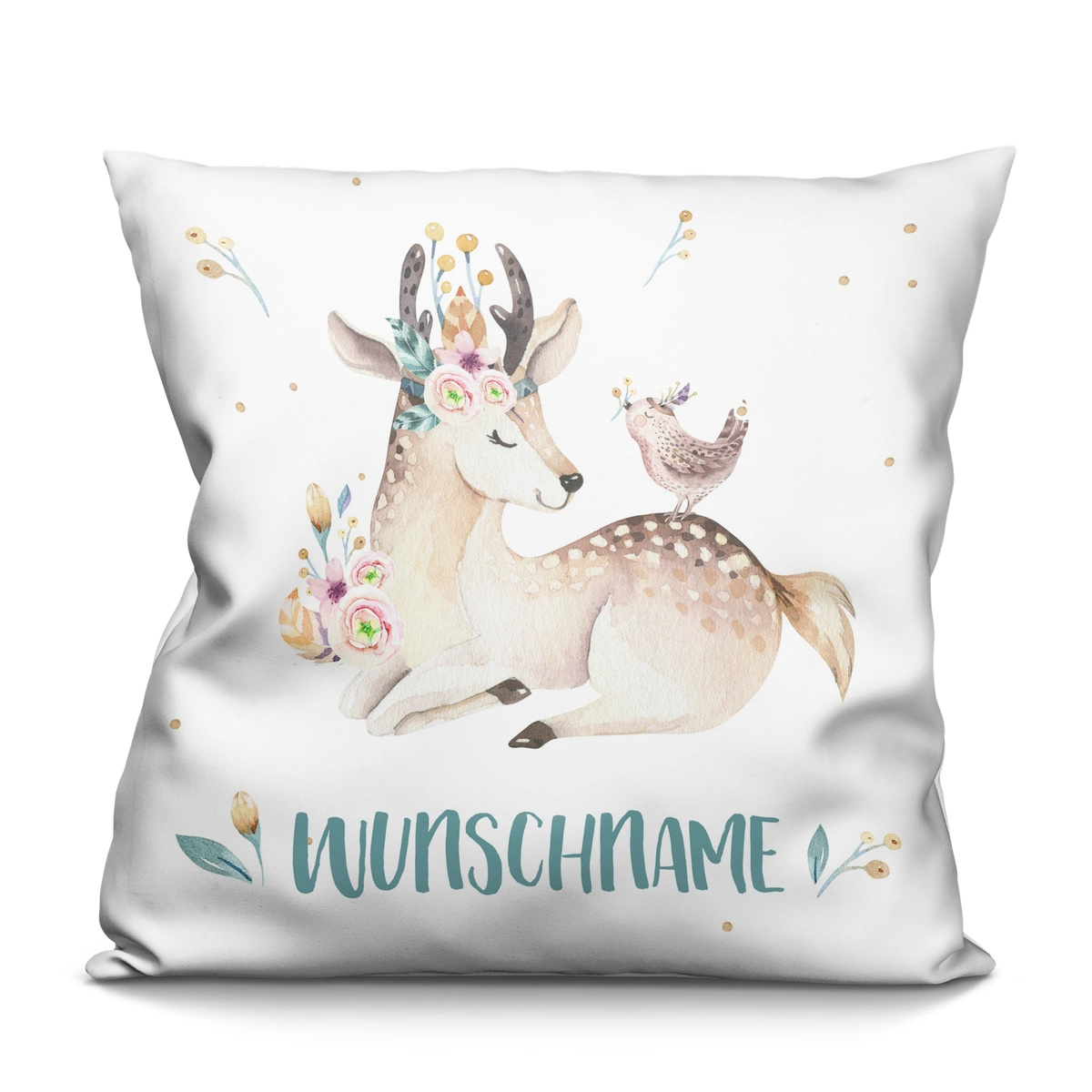 Personalisiertes Kissen, weiß (Motiv: Reh)