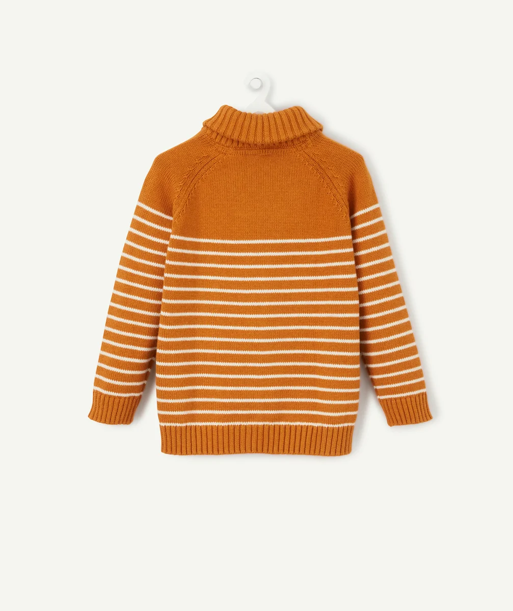 PULL EN TRICOT RAYÉ OCRE BÉBÉ GARÇON AVEC COL MONTANT