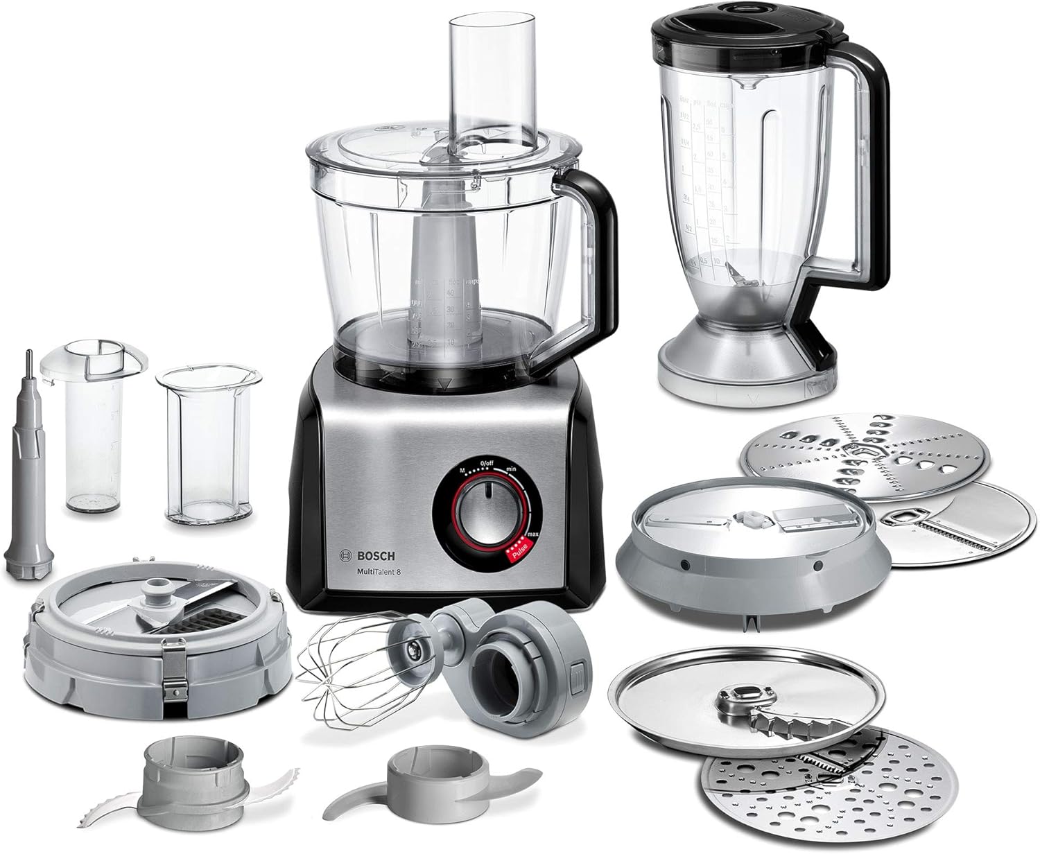 Bosch Kompakt-Küchenmaschine MultiTalent 8 MC812M865, 45 Funktionen, XXL-Rührschüssel 3,9 L, Mixer 1,5 L, Universalmesser, Würfelschneider, Reibscheibe, Schneid-Raspel-Wendescheibe, 1250 W, schwarz