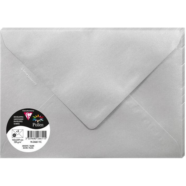 Enveloppe Pollen Clairefontaine 120 g/m² couleur avec patte gommée - Paquet de 5