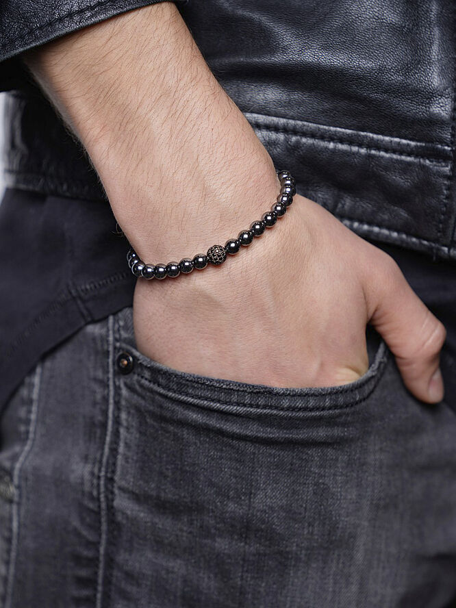Nialaya Men's Wristband with Hematite and Black CZ Diamond Black