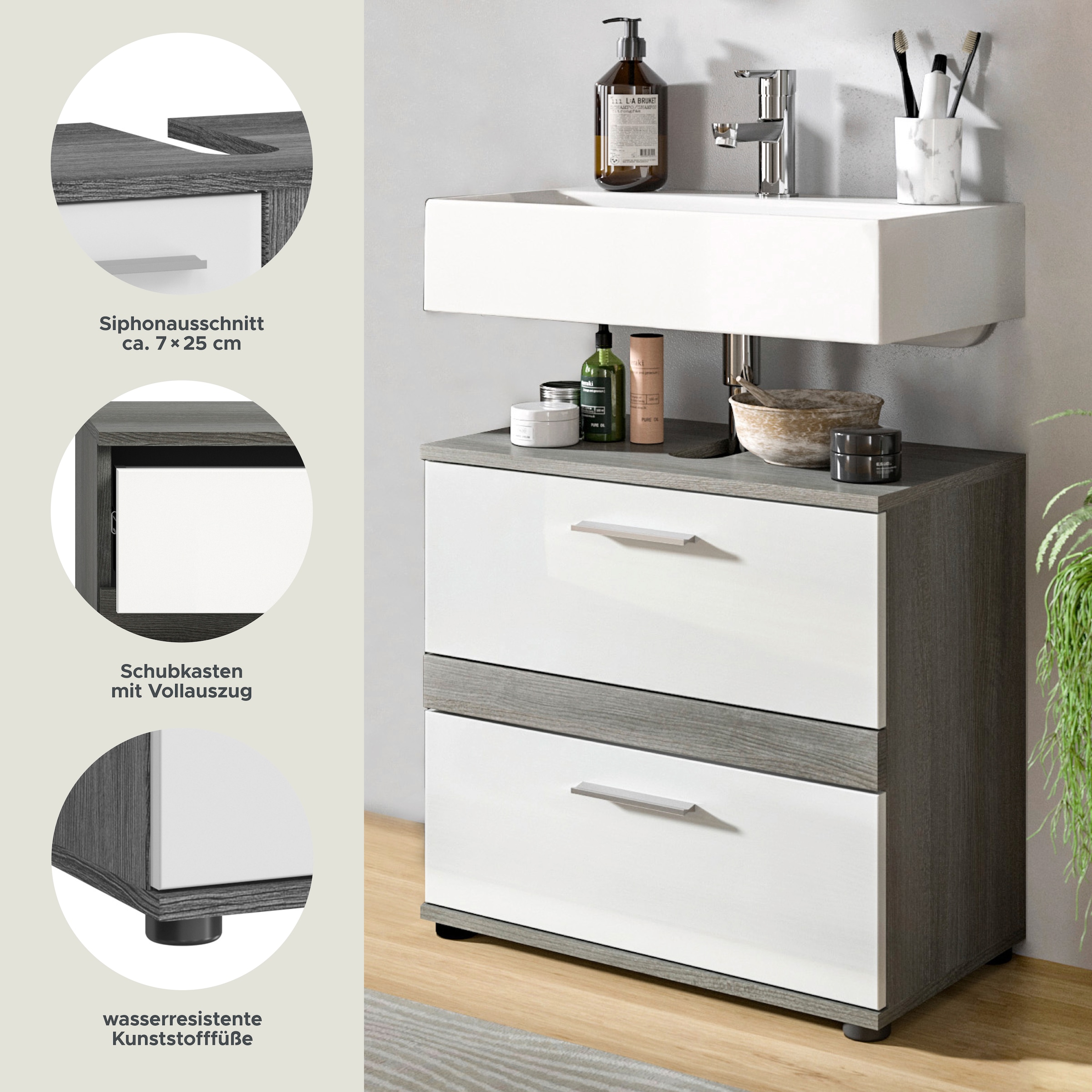 welltime Waschbeckenunterschrank »LUCCA, TOPSELLER!, Breite 60 cm, 2 Schubkästen, hochwertige MDF Front« Badschrank, Bad-Möbel, Badezimmer