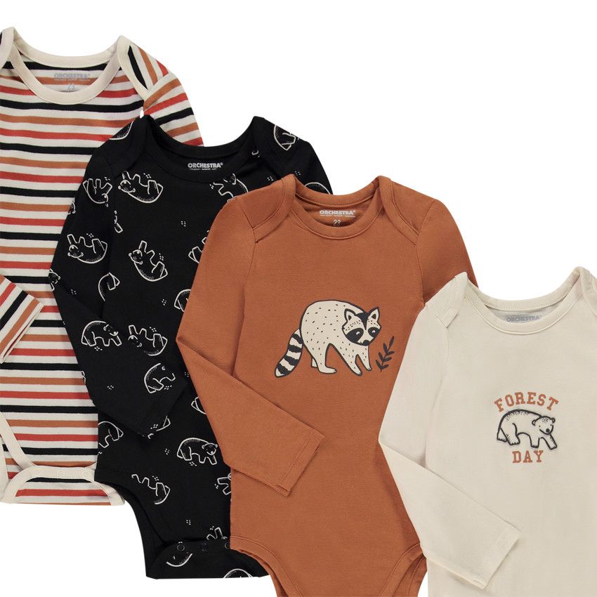 Lot de 7 bodies manches longues animaux pour bébé garçon avec ouvertures différentes selon l'âge - Ecru