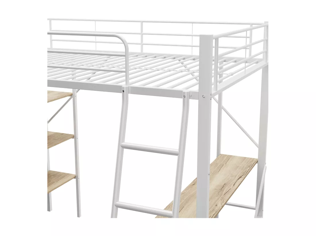 Lit mezzanine en fer - 90x200cm - avec bureau et 3 étagères - Blanc