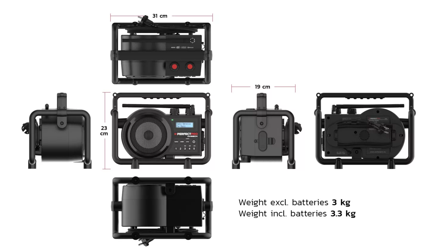 PerfectPro DBX3 DABBOX Bouwradio FM RDS - DAB  - bluetooth - AUX-in - werkt op netstroom en batterijen