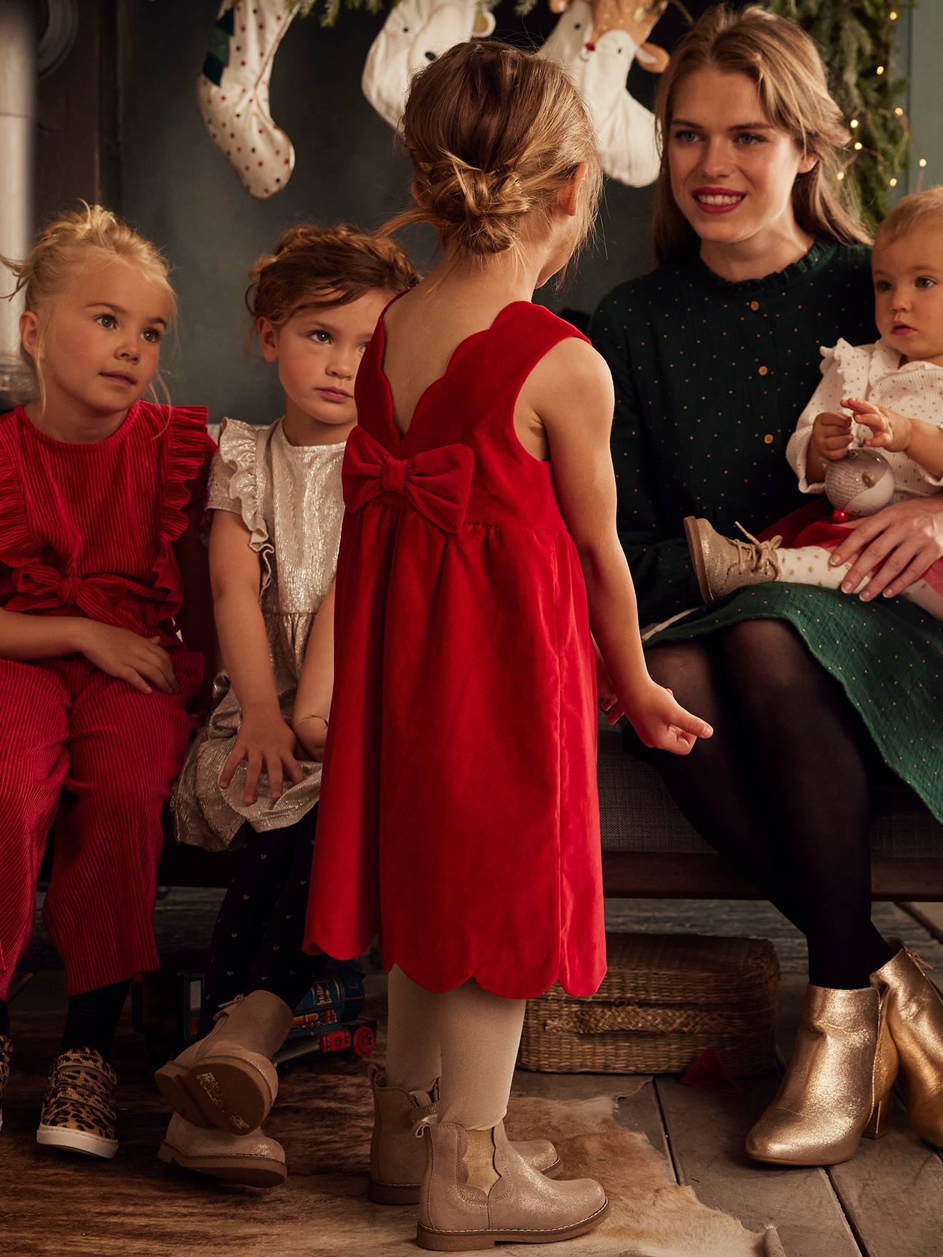 Vestido de festa liso de veludo com laço nas costas, para meninas, vermelho escuro liso