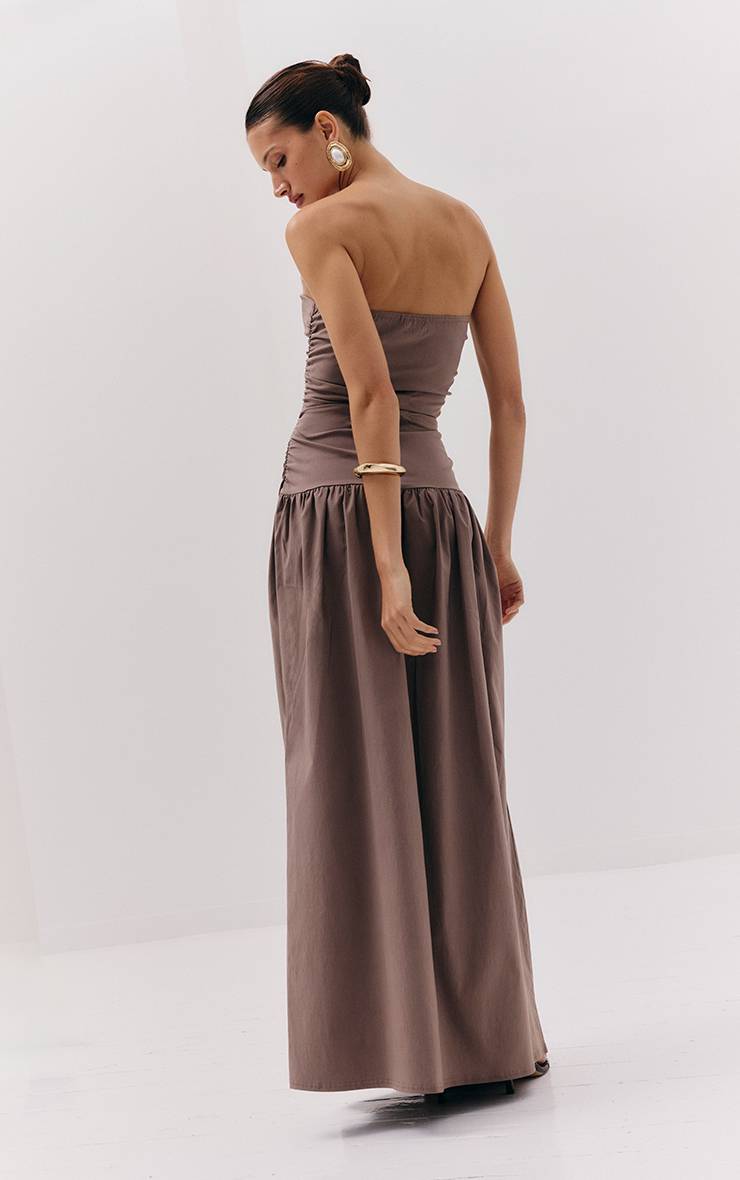 Taupe Robe Maxi Bandeau Froncée En Tissu Extensible Tissé