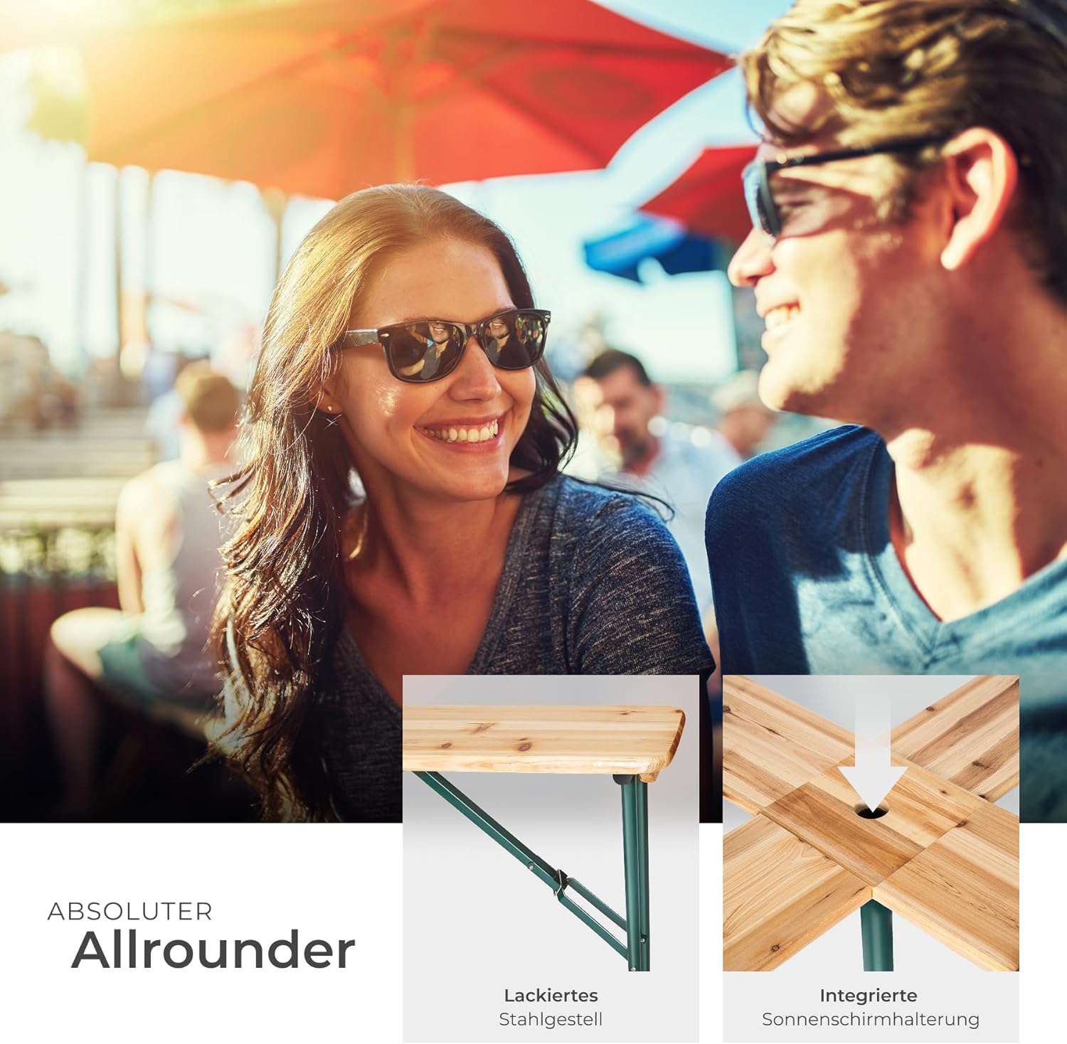 tectake® Stehtisch Quattro als Bierzeltgarnitur, XXL Biertisch aus Holz, klappbar, Outdoor Klapptisch mit Sonnenschirmhalterung, wetterbeständiger Gartentisch, Platz für 20 Personen, robust und stabil