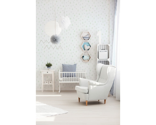 Vliesbehang 35845-1 Little Stars lichtgrijs babykleding groen