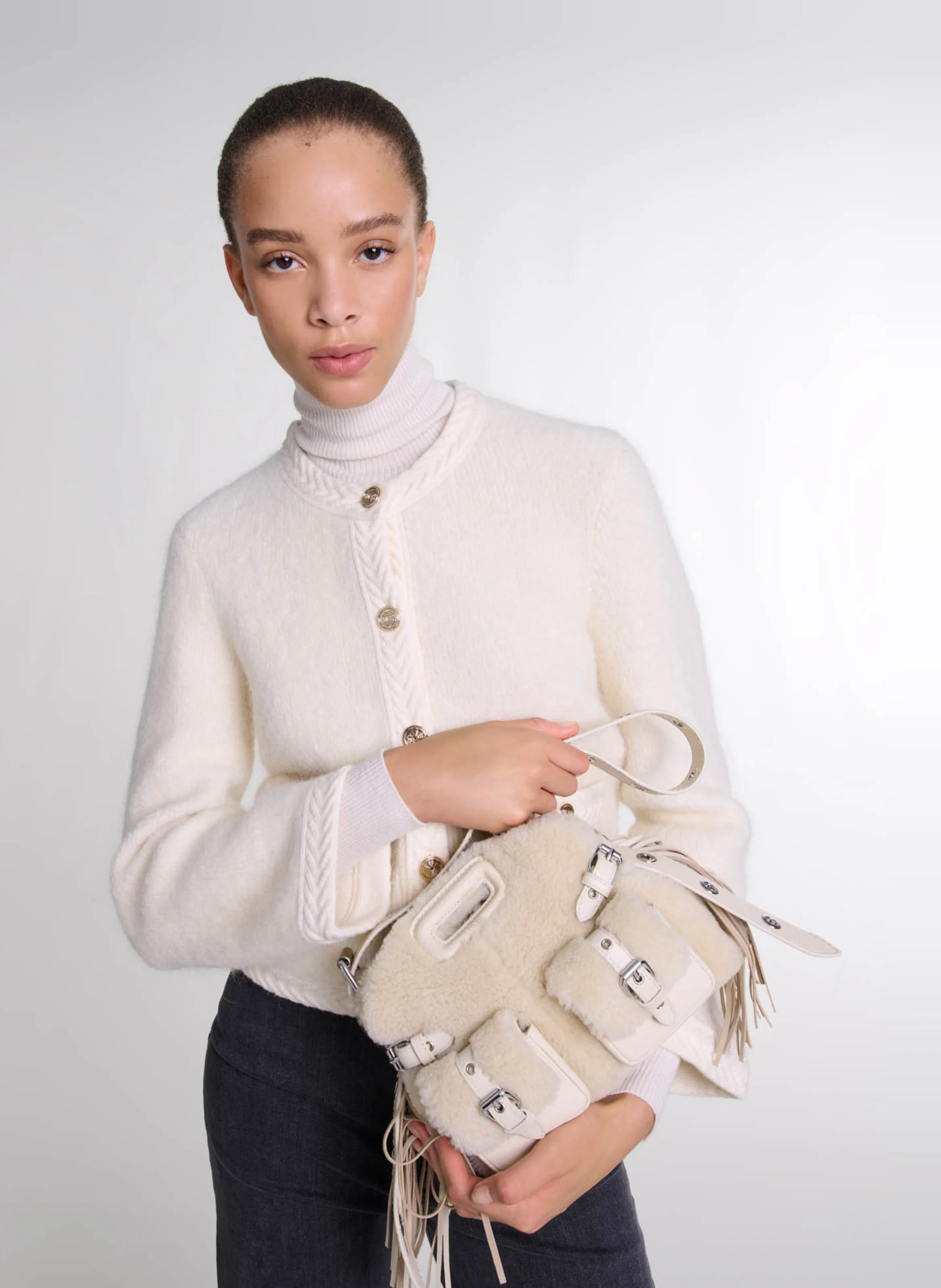 Cardigan droit en laine mélangée| Beige