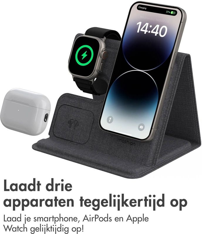 imoshion - 3-in-1 Opvouwbare Draadloze Oplader - Grijs - Voor Apple iPhone AirPods Apple Watch