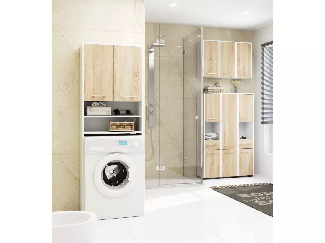meuble machine a laver 2 portes façade chêne sonoma 4 étagères 64x30x180 cm