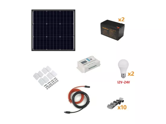 Kit Îlot Photovoltaïque 50W Kit avec panneau solaire, contrôleur de charge, ampoules et accessoires d'installation