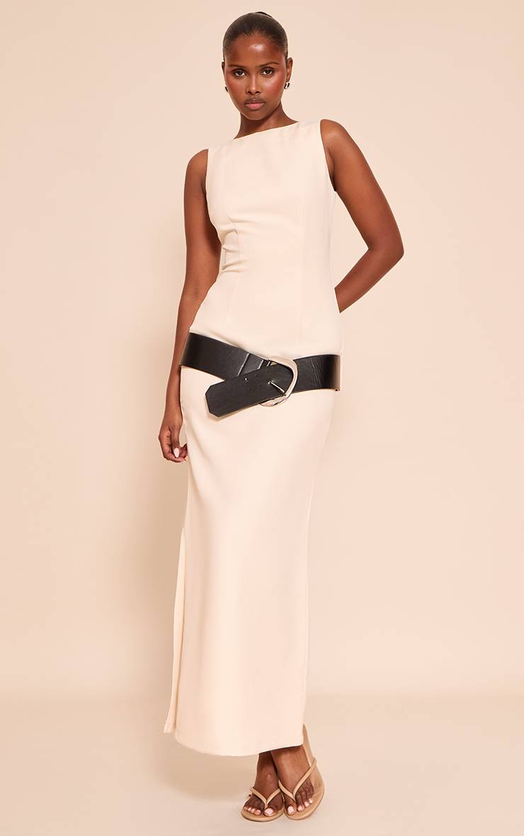 Crème Robe Longue Ajustée En Tissu Tissé Avec Ceinture Détail Tailleur