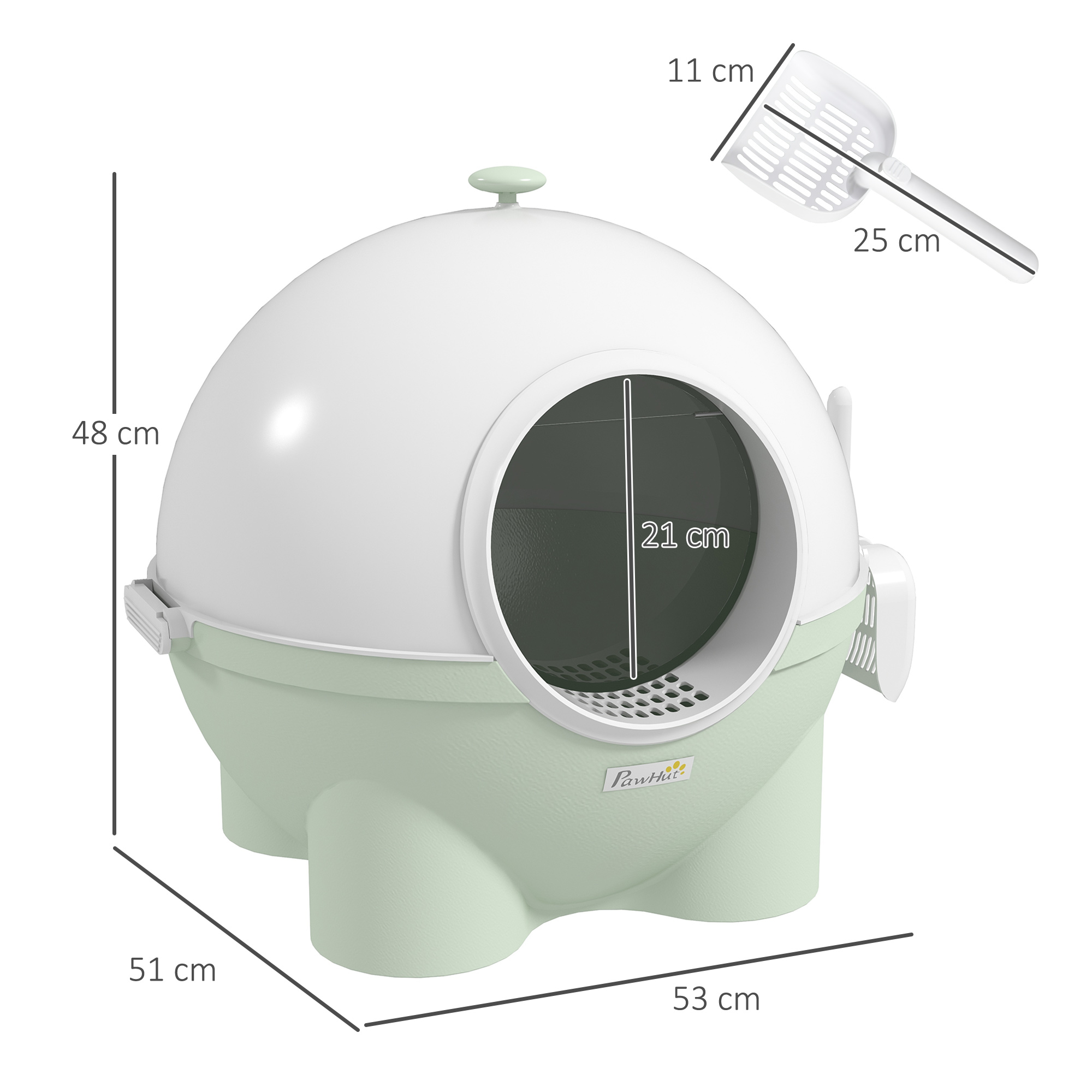 Caixa de areia para gatos PawHut com tampa removível, caixa de areia de plástico com pá, capacidade de carga de 4 kg, 53 x 51 x 48 cm, verde