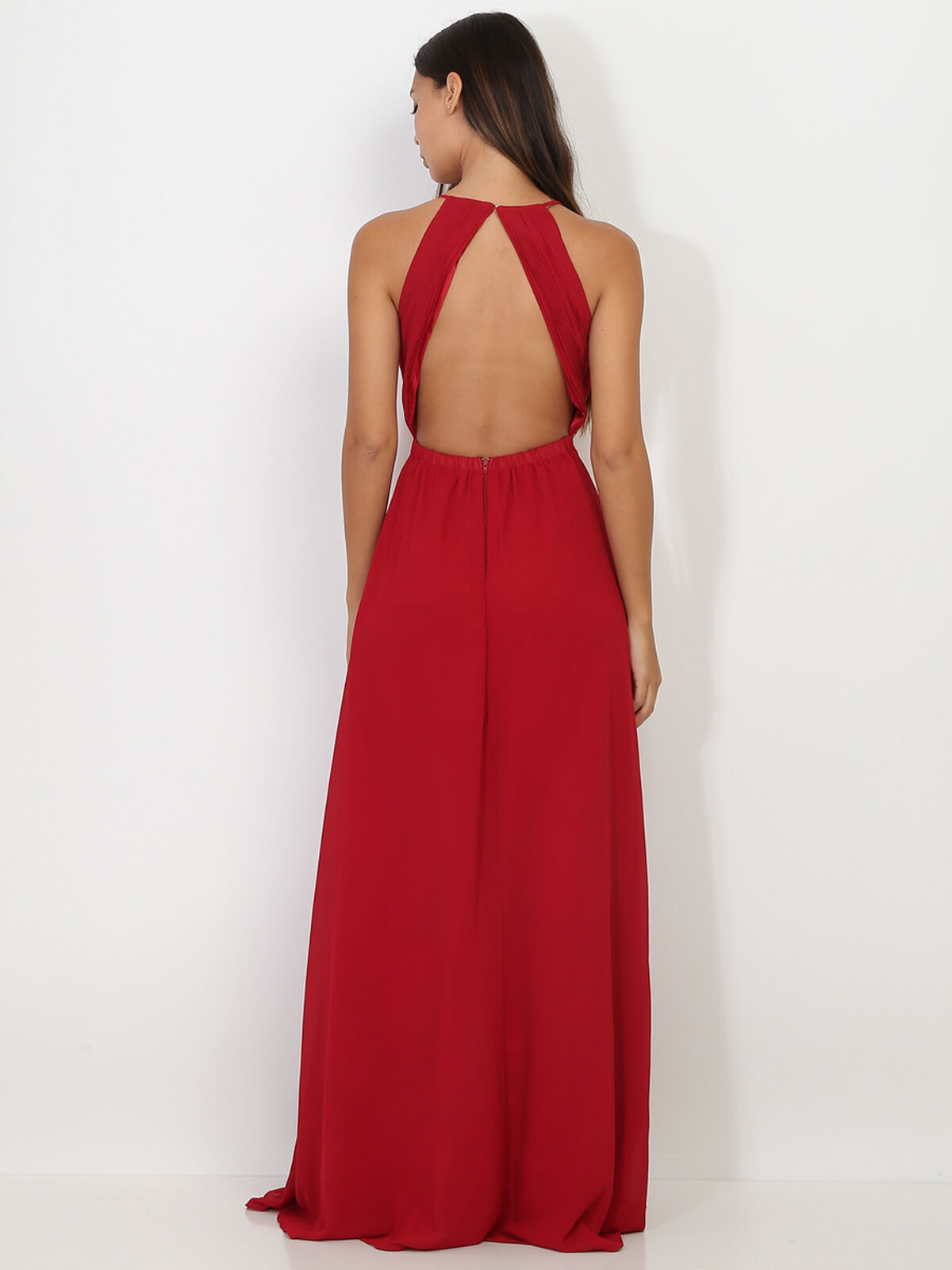 Robe longue drapée à bretelles- Cerise