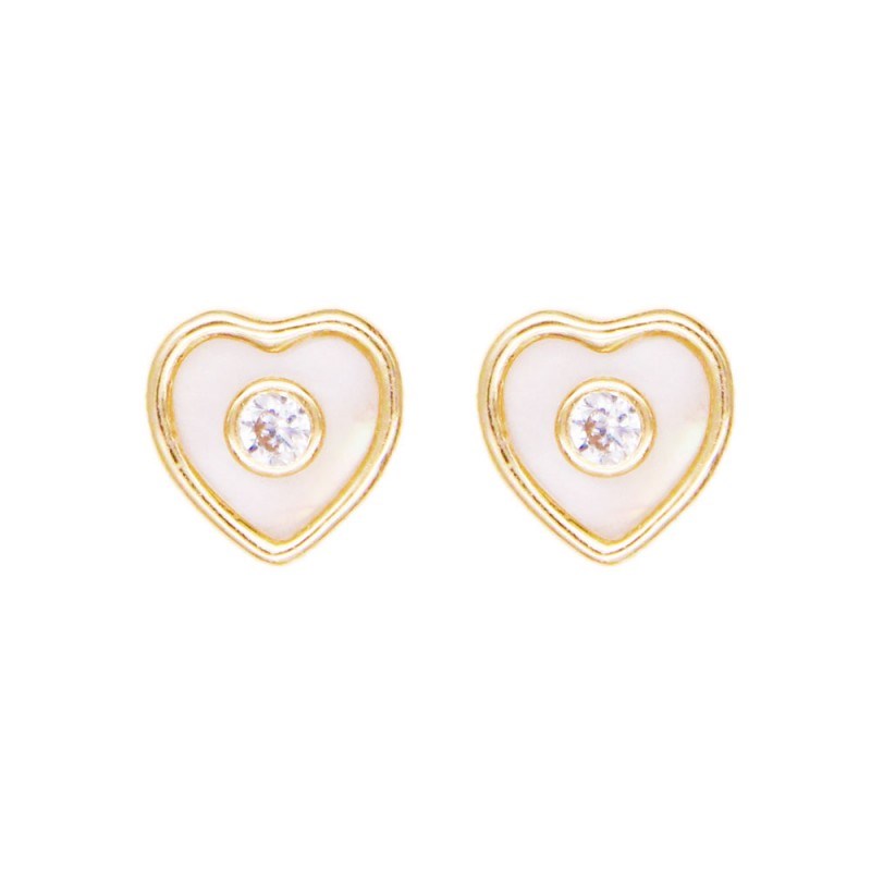 Boucles d'Oreilles Or Jaune Nacre et Zirconiums - Coeurs