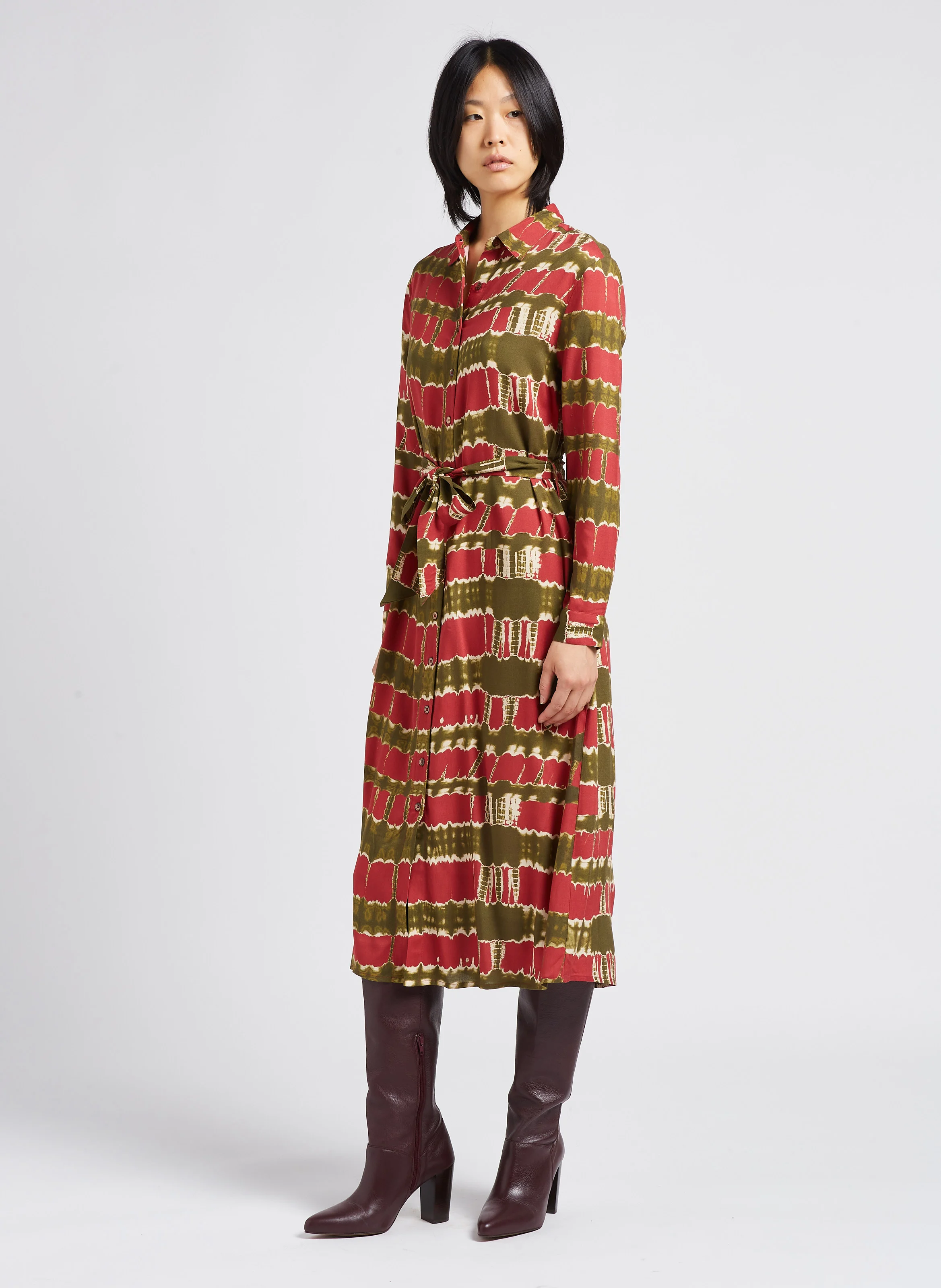 GAIA - Robe midi col classique imprimé tiedye | Rose