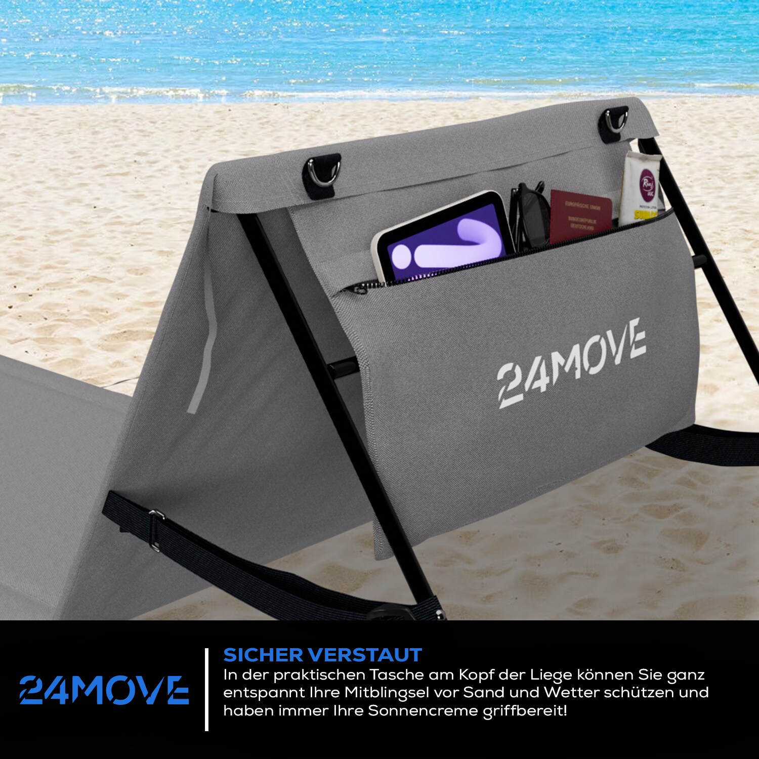24MOVE® Strandmatte 2er Set klappbar mit Rückenlehne, Strandliege mit Gurt, tragbar für Strand und Garten, Liegematte grau