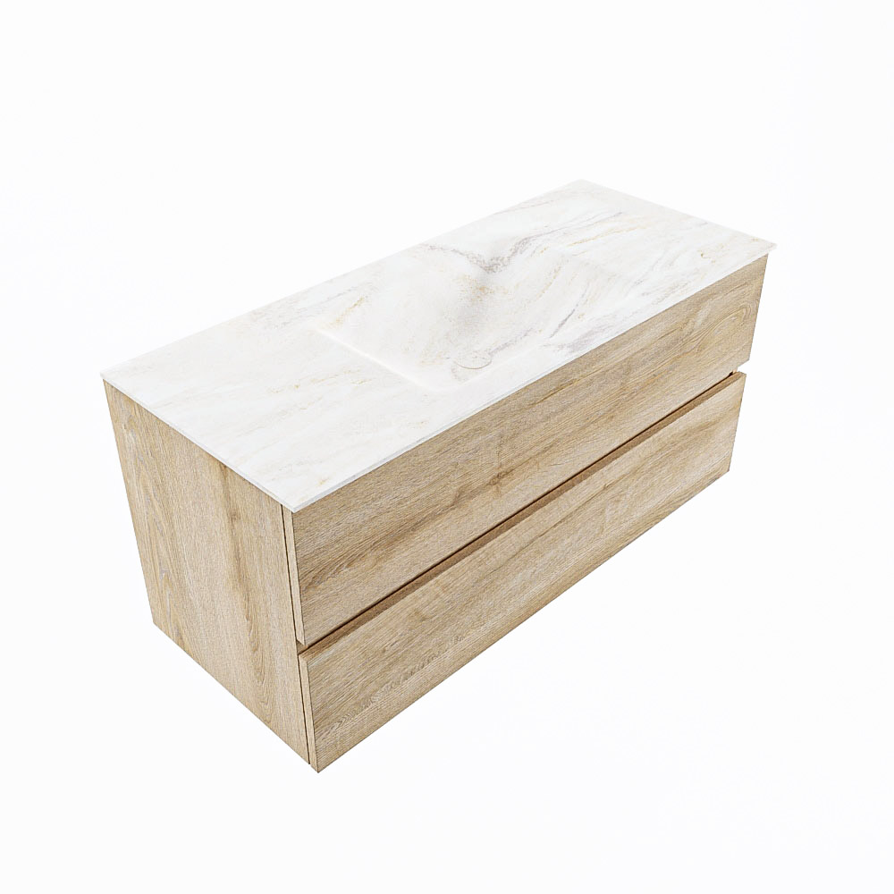 Mondiaz Vica DLux badmeubel 110cm washed oak 2 lades met wastafel ostra midden 1 kraangat