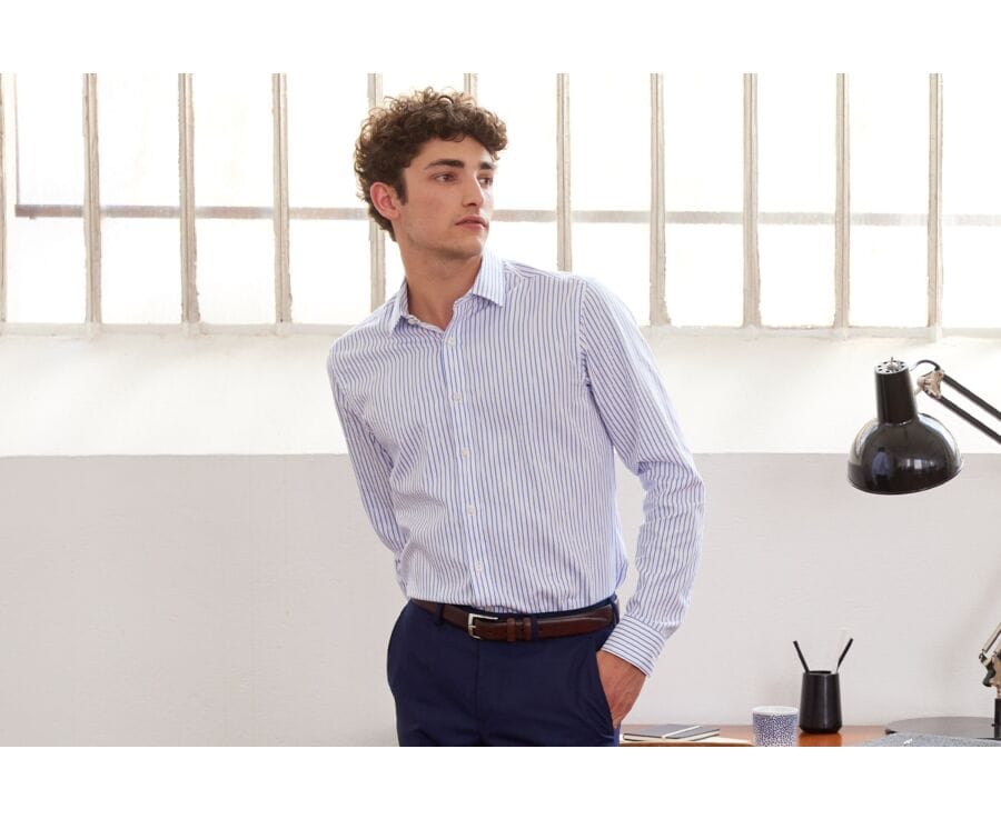 Chemise homme blanches à rayures bleues - LÉONEL