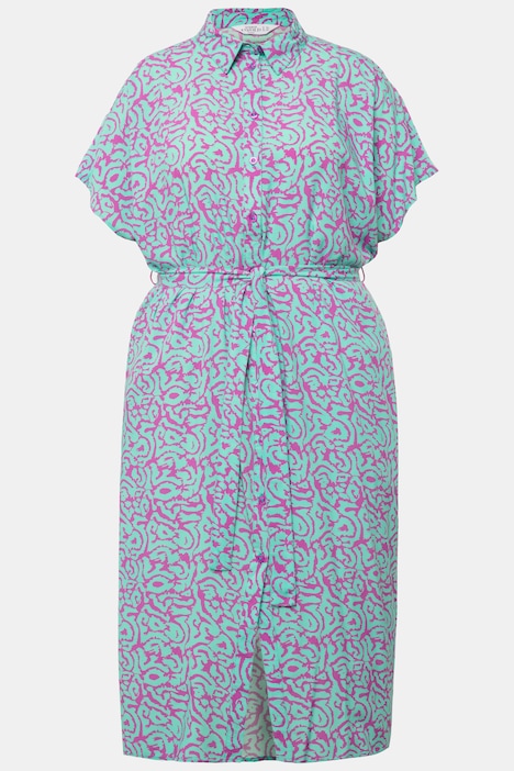 Hemdblusen-Midikleid, oversized, zweifarbiger Print, Bindegürtel