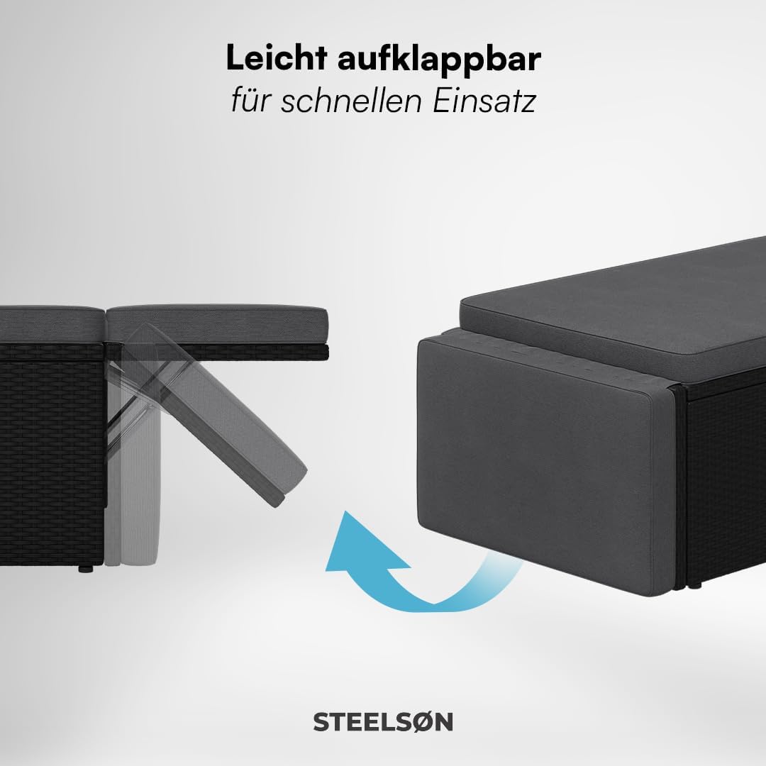 STEELSØN Gartenbank Elnath 2in1 Polyrattan, Gartensofa für 2 Personen mit Liegefunktion, Balkonmöbel mit Hocker 2er Sofa mit Polster wetterfest, Terrassenmöbel in schwarz/anthrazit 73x65x130 cm HxTxB