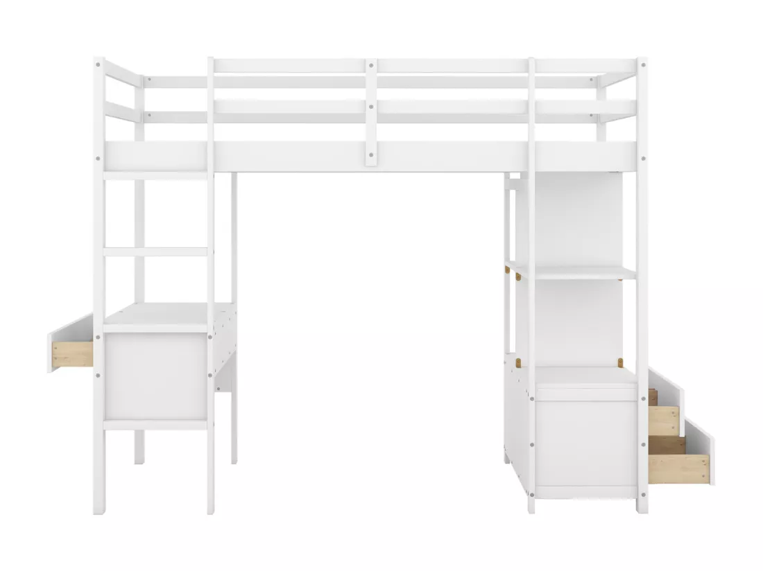 Lit mezzanine 90x200cm pour enfant - lit surélevé avec tiroirs de rangement, bureau et bibliothèque de rangement sous le lit - blanc